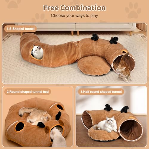Cat Tunnel Bed with 20 Pcs Interactive Toys, 3-in-1 DIY Collapsible Plush Cat Tube with Washable Mat, Large Indoor Play Tunnel Cave for Kittens and Small Animals - color: Brown