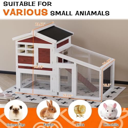 54" 2-Tier Wooden Rabbit Hutch with Run, Small Animal Cage with Removable Tray, Ramp, 6 Access Doors & Asphalt Roof, Weather-Resistant Bunny House for Rabbits, Guinea Pigs, Chinchillas, Red & White - color: Brown-white