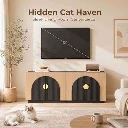 Amunrbrek Double Cat Litter Box Enclosure Furniture with Optional Divider - color: Black and Natural Double