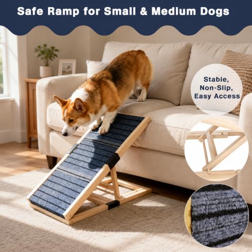 Adjustable Wooden Dog Ramp for Small Dogs, 27.6" Long x 11.8" Wide Portable Pet Ramp for Couch, Sofa, Anti-Slip Carpet, Lightweight Foldable Indoor Outdoor Travel Dog Ramp - size: 27.6" L x 11.8" W