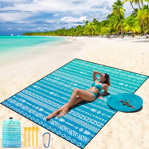WIWIGO Beach Blanket Mat Waterproof Sandproof for 2-8 Adults Quick Drying | Extra Large, For 2-8 Adults,Windproof, Outdoor Picnic Mat, Beach Accessories Must Have,Gifts, for Travel, Camping, Hiking - color: Blue Geometric Tribe, size: 79" X 83"（1-4person）