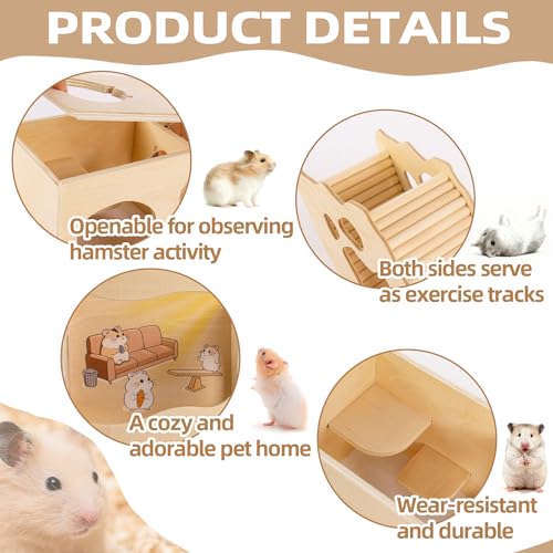 2Pcs Hamster House and Tunnel, Wooden Exploring Tunnel with Ladder, Small Animal Playground Exploring Toys for Rats, Syrian Hamsters, Guinea Pig, Gerbils(Style3) - color: Style3
