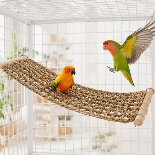 FlidRunest Extra-Large 21.6x7.8IN Conure Ladder Perch for Cage, Bird Seagrass Ladder Bridge Exercise Stands, Natural Hand-Woven Parrot Net Climbing Chewing Hammock, Cage Accessories for Conure Budgie - size: D(Extra-large Size)