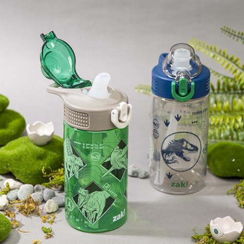Zak Designs Jurassic World Sage 16oz Leak-Proof Straw Kids Water Bottle | BPA Free Durable Plastic, Cupholder Friendly, Dishwasher Safe, Easy to Clean, Lid Lock, Handle, For School, Home, Travel - color: Jurassic World (Green and Blue)