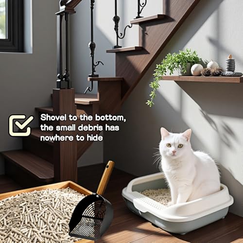 Chinshwehaw Premium Stainless Steel Cat Litter Scoop-Triple Guard Walls&Non-Stick Design,Silver,Flat Shovel Head Design Solid Deep Edge Wood Handle,Dual Hooks 1Pack,6.1x5.3inch (Black Long Strip) - color: Black