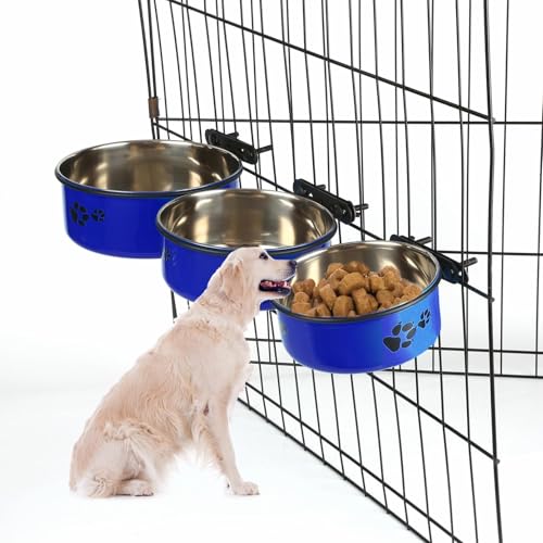 Dog Crate Food and Water Bowl 2Pcs Small Pet Hanging Kennel Removable Dish Feeding Cup with Holder for Medium Large Size Cat Puppy (Blue, 5.5''X2.3''&6.3‘’X2.5'') - color: blue