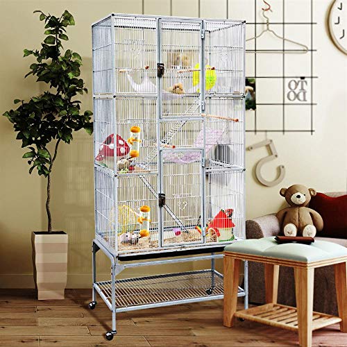 Yaheetech 69-Inch Extra Large Wrought Animal Cage Metal 3 Levels Small Animal Cage w/Cross Shelves and Ladders for Ferret Chinchilla Sugar Glider Squirrel, White - color: White