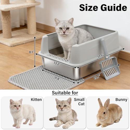 Stainless Steel Litter Box with Lid,Cat Litter Box for Kitten | Metal Kitty Litter Box for Small Cats,Non-Stick,Anti-Leakage,Easy to Clean,Include Scoop and Mat - size: M:17.5x13.6x8inch with Lid
