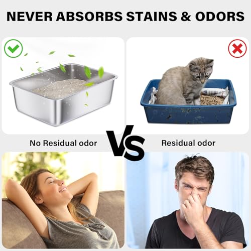 Stainless Steel Litter Box 2 Pack, Metal Litter Box | High Sided Steel Litterbox, Easy Clean Non Stick Non Smell for Kitty/Cats - size: 2pcs M:17.7"x13.7"x6"