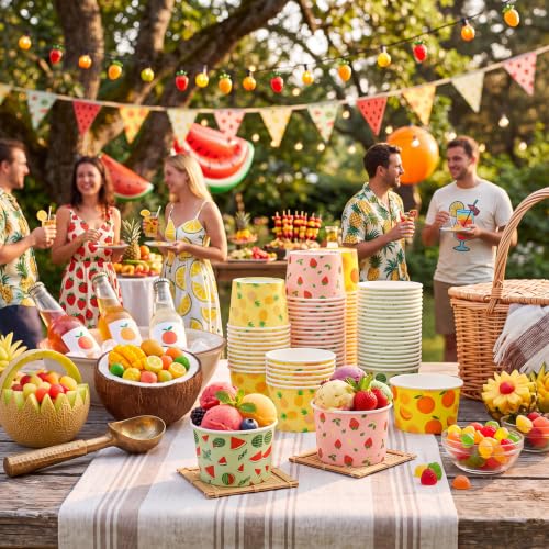 Jingmore 100 Pcs Ice Cream Paper Cups Bulk 8 oz Disposable Dessert Bowls for Hot or Cold Food Snack Treats Gift for Birthday Summer Party Favor Decoration(Summer Fruit) - style: Summer Fruit