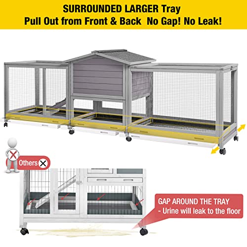 Aivituvin Rabbit Hutch 93.7" Large Rabbit Cage Indoor Outdoor Guinea Pig Cage Chicken Coop on Wheels Bunny Cage with 4 Deep No Leakage Pull Out Tray,Waterproof Roof - color: Light Grey