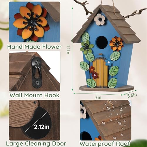 Wooden Bird Houses for Outside,Farmhouse Hanging Blue Birdhouse | Decorative Birdhouses for Outdoors,Bird Box Nest,Humming Bird House for Garden Patio Decor - color: Blue
