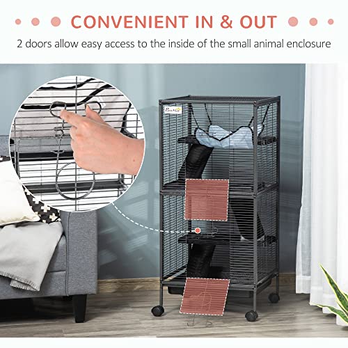 PawHut Metal Small Animal Cage, 4-Tiers Rolling Big Ferret Cage, Gray | with Hammock, Removable Tray, for Chinchilla, Sugar Glider - color: Grey, size: 20.5"L x 20.5"W x 44.8"H