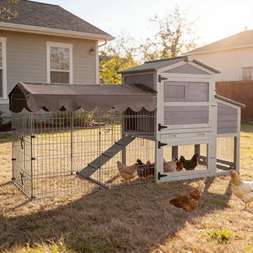 Mobile Chicken Coop with Run, Large Outdoor Wooden Poultry Cage Hen House with Wheels, Nesting Box, Pull-Out Tray, Waterproof Roof, Grey, 79.1" L x 25.2" W x 43.6" H, for 4-6 Chickens - size: 79.1"L x 25.2"W x 43.6"H