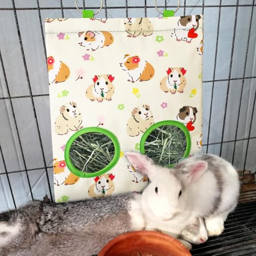 JarThenaAMCS 2 Pcs Guinea Pig Hay Feeder Bag with 2 Holes Hanging Hay Feeding Bag Beige Flower Floral Storage Dispenser for Chinchilla Hamster Bunny Small Animal Pet, 11.5 x 9 Inch