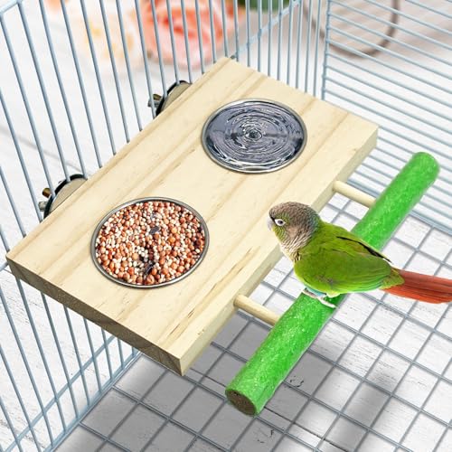 Bird Feeding Dish Cups with Wooden Platform | Hanging Stainless Steel Parrot Cage Feeder Bowl Wood Perch Stand for Parakeet Cockatiels Lovebirds Budgie (Medium) - size: Frosted perch (Color random)
