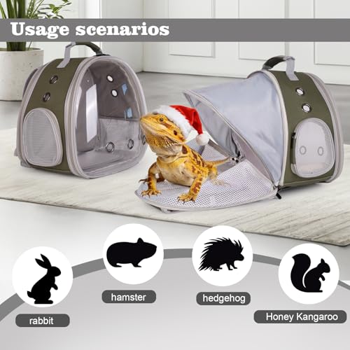 WEVONIGU Expandable Small Animal Backpack Carrier with Clear Bubble Window Large Space Travel Cage for Hedgehog Rat Parrot,Bearded Dragon,Sugar Glider,Airline Approved (Army Green, BE Backpack) - color: Army Green, size: 8.0"L x 7.0"W x 5.0"H