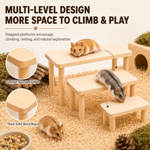 3-Piece Wooden Hamster Platforms – Large, Medium & Small Play Stands for Dwarf, Gerbils, Mice, Degus, Squirrels & Other Small Pets – Cage Accessories for Climbing, Chewing, Hiding & Exploring