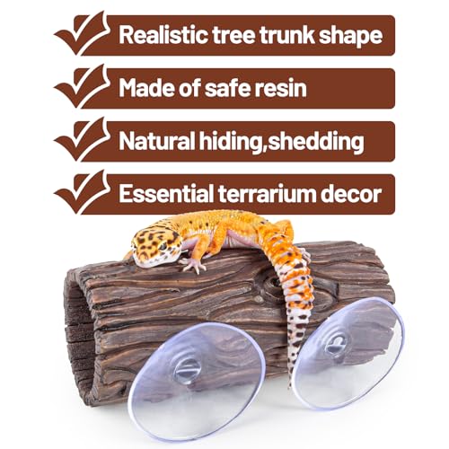 Reptile Hide, Resin Hollow Log Hideout with 2pcs Powerful Suction Cup, Reptile Tank Accessories Climbing Toys Terrarium Hideaway Caves Decor for Gecko, Lizard, Snakes, Hermit Crabs, Forgs