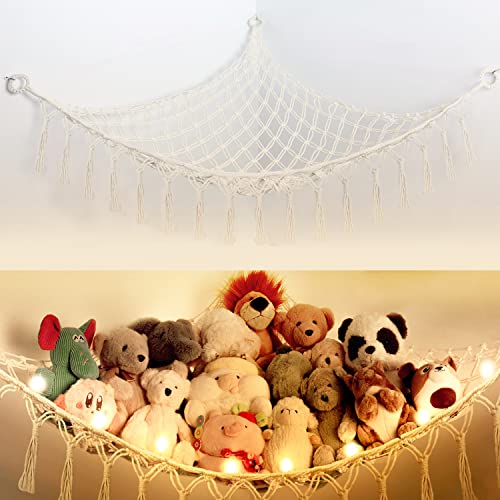 Stuffed Animal Net or Hammock with Light,Yewiwin Macrame Hanging Net Hammock for Stuffed Animal Toy Storage Organizer Boho Decor Room Holder for Nursery Play Room Bedroom (Beige-2) - color: Beige-2(42"*42"*57")