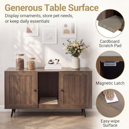 PETSITE Cat Litter Box Enclosure Furniture for 2 Cats, Large Litter Box Cabinet with Scratching Board, and Adjustable Foot Pads, Indoor Cat House TV Stand Side Table, Double Hidden Litter Box - color: Coffee