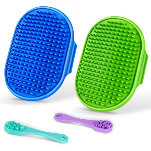 4PCS Dog Bath Brush | Scrubber for Bath | Shampoo Brush | Toothbrush | Finger Toothbrush | Dog Shower/Washing Brush with Adjustable Ring Handle - Pet Bath Supplies (Blue Green) - color: Blue Green
