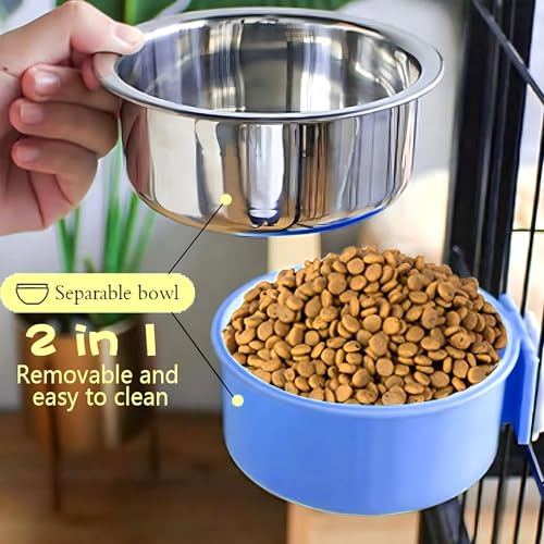 Hamiledyi 2-Pack Hanging Dog Bowls with Removable Stainless Steel Feeder - Spill-Proof Crate Bowls for Kennel/Cage, Puppy to Medium Dogs, Cats, Rabbits & Guinea Pigs (Durable Pet Food & Water Dishes) - color: B：Dark blue + Yellow