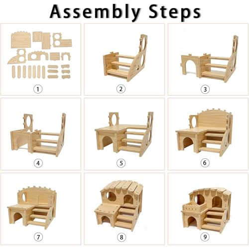 Wood Hamster House Set of 2 Tiny Wooden Hideout Castle Double-Decker Hut Multi-Chamber Maze Wood House with Slide, for Dwarf Hamster, Gerbil, Mouse, Guinea Pig Small Animals(Only for Small Hamster)