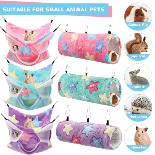 Abbylike 9 Pieces Rat Hammock 3 Tier Guinea Pig Ferret Hammocks Small Pet Hanging Tunnel Glider Toy Guinea Pig Ferret Hideout Bed Cage Accessories for Hamster(Green, Purple, Pink,Star) - color: Green, Purple, Pink