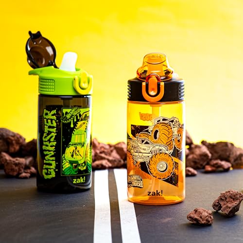Zak Designs Hot Wheels Sage 16oz Leak-Proof Straw Kids Water Bottle, 2-Pack | BPA Free Durable Plastic, Cupholder Friendly, Dishwasher Safe, Easy to Clean, Lid Lock, Handle, For School, Home, Travel - color: Hot Wheels (Monster Trucks)