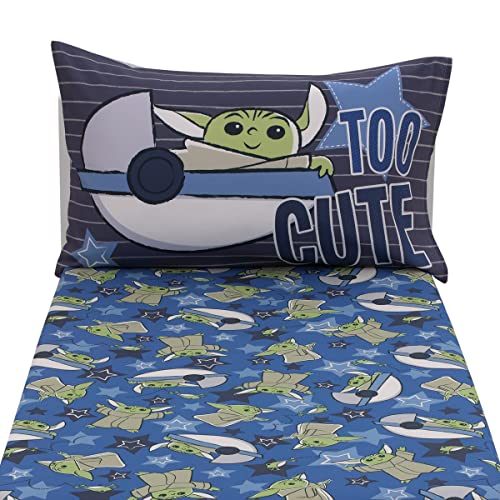 NoJo Star Wars The Child Cutest in The Galaxy Blue, Green, and Gray Grogu and Hover Pod 2 Piece Toddler Sheet Set - Fitted Bottom Sheet and Reversible Pillowcase - color: Star Wars the Child