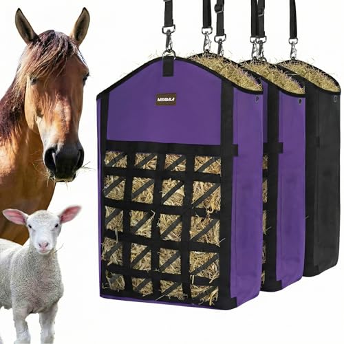 Ultra-Slow Feed Hay Bag for Horses, 3 Packs Hay Bags with Net Front Design,Wide Opening for Easy Filling,Two Types of Hanging for Feeding Goats, Sheep and Donkeys (1 Black+2 Purple) - color: 1 Black+2 Purple