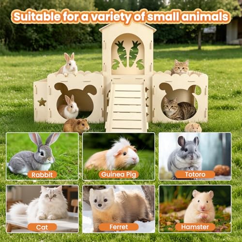 5 in 1 Extra Large Bunny House，Rabbit Hideout and Wooden Castle Hutch Cage | Detachable With Ramp 4 Houses and a Hay Feeder，Sturdy Guinea Pig and Chinchilla Cages,Small Animal Pet Tunnel Habitat