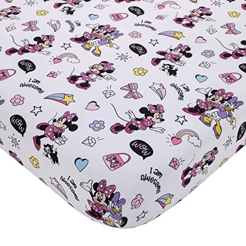 Disney Minnie Mouse I am Awesome Lavender, Pink, and White with BFF Daisy Duck, and Figaro The Cat 4 Piece Toddler Bed Set - Comforter, Fitted Bottom Sheet, Flat Top Sheet, and Reversible Pillowcase