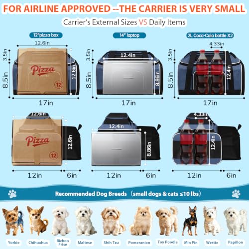 Top and Side Expandable Small Pet Carrier Airline Approved, Blue | 17"Lx12"Wx8.5"H, for JetBlue/Frontier/Spirit Airlines, Pets Under 8 Lbs, Lockable Zippers, Soft-Sided, Anti-Scratch Mesh - color: Blue, size: 17.0"L x 12.0"W x 8.5"H