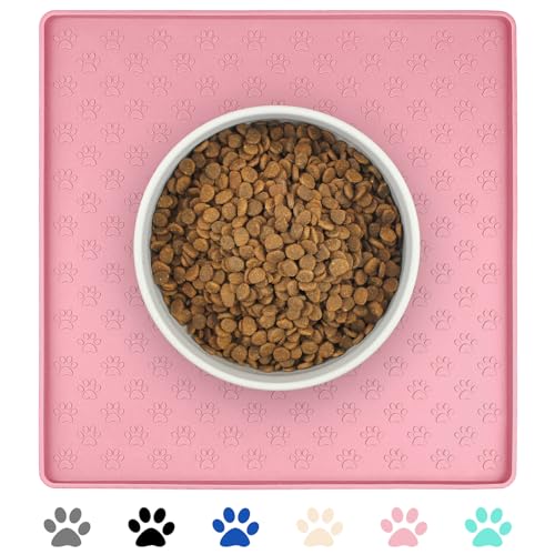 Ptlom Pet Placemat for Dog and Cat, Waterproof Non-Slip Silicone Feeding Bowl Mat Prevent Food and Water Overflow, Puppy Dish Feeder Fountain Trays Suitable for Medium and Small Pets, Pink - color: Pink, size: 11.8"L x 11.8"W