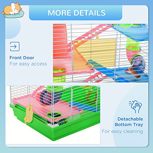 PawHut 18" 5 Tier Hamster Cage w/Tubes and Tunnels for Gerbil Green&White | Small Animal Cage, Portable Carry Handle, Water Bottle, Food Dish, Exercise Wheel - color: Green and White