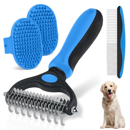 Double-Sided Pet Grooming Rake - 4-in-1 Professional Pet Grooming Kit Deshedding Dematting Tool for Dogs Cats Extra-Wide Grooming Brush & Deshedder Comb for Long & Short Haired Pets (Blue Kit 4PCS) - color: Blue