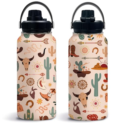Cow 32oz Water Bottle, with Handle & Lid Bottle, Insulated Cup | 32oz Stainless Steel Tumbler, Leak-proof Reusable Mug, Christmas Birthday Gift for Western Cowgirl Lovers - color: Cow Girl