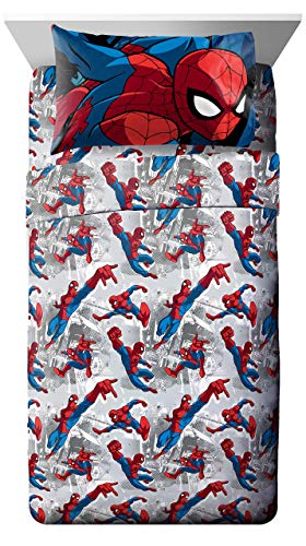 Marvel Spiderman Twin Comforter Set 4 Piece Kids Bedding for Boys, Multi | Bed in a Bag, Comforter Sheets Pillowcase, Official Product, Soft Microfiber, Machine Washable, Easy Care, Boys Gift - color: Multi - Spiderman, size: Twin