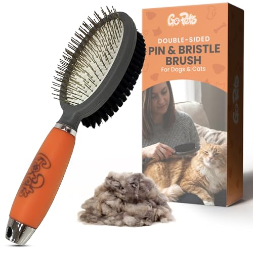 GoPets Double-Sided Pin & Bristle Brush, Grooming Tool for Dogs & Cats | Detangling, Shedding Control, Slicker Brush for Long-Haired Pets, Fur Removal for Healthy Coat, Ergonomic Handle - style: Double-Sided Pin & Bristle Brush
