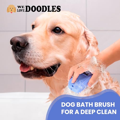 Bath Brush for Pet Grooming & Massage - Rubber Scrubbing Brush for Showers, Ideal for Long & Short Haired Dogs and Cats, Essential Puppy Accessory, Long Pins [We Love Doodles] | Best Dog Scrubber for Bath, Curry Brush For Puppy, Essential Pet Bathing Supp