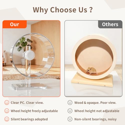 9.5" Silent Hamster Wheel - Clear Running Wheel | 9.5" compact size, easy-clean flat runway, quiet dual bearings, heavy-duty stable base, adjustable stand - size: 9.5"L x 5.0"W x 13.0"H