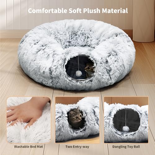 Cat Tunnel Bed for Indoor Cats with Washable Cushion Cat Cave Donut Tunnel with Fluffy Ball Big Round Tube Pet Playground Toys Soft Plush Peekaboo for Kitten, Cat, Puppy, Rabbit, Ferret - color: Grey