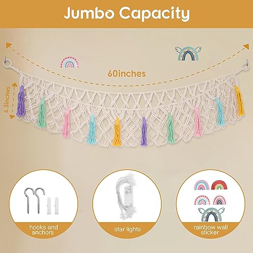 Stuffed Animal Net or Hammock, Large Stuffed Animal Storage Macrame Toy Hammock Hanging Corner Net for Stuffed Animals, Plushie Net Hammock with Star Lights for Boho Kids Room Nursery Playroom Decor