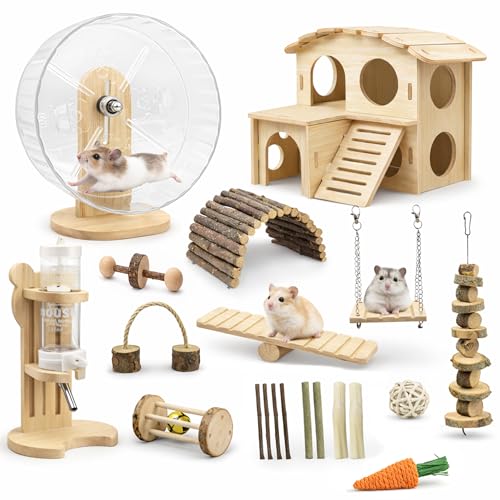 20 Pieces Hamster Cage Accessories, Wooden Hamster Wheel Toys, Water Bottle | 9.45 In Silent Hamster Wheel, Chew Toys Set, House And Water Bottle with Stand for Chinchillas Guinea Pig Rat Small Animals