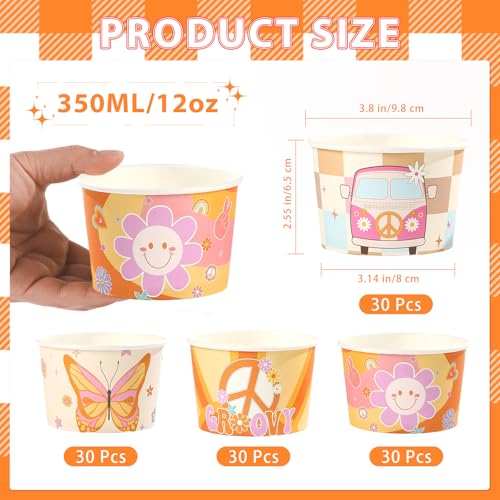 120Pcs 12oz Groovy Ice Cream Cups for Hot or Cold Food | Retro Hippie Boho Dessert Bowls Disposable Daisy Flower Sun Large Snack Cups for Baby Bridal Shower One Birthday Party Favor - style: Hippie Dessert Cup