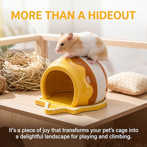 Honey Hamster Hideout, Ceramic Small Pet Hideaway House, Guinea Pig Habitat Decor, Cute Syrian Hut, Chinchilla Cage Accessories for Dwarf Hamsters, Mice, Rats, Toads