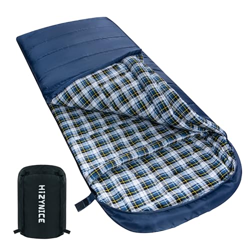 HiZYNICE Sleeping Bags for Adults XXL Cold Weather | 100% Cotton Flannel Winter Camping Large 90 x 39 in,Compression Sack Included - color: Blue, size: 0F Right Zip