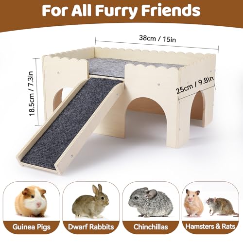 Guinea Pig Hideout 2-Tier Wooden Small Animal Hideout Sturdy Guinea Pig Castle with Ramp & Platform for Bunny, Chinchilla, Rat & Hamster - Easy Assembly Multi-Level Habitat